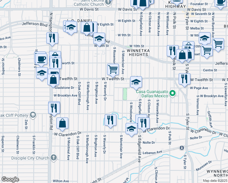 map of restaurants, bars, coffee shops, grocery stores, and more near 520 South Rosemont Avenue in Dallas