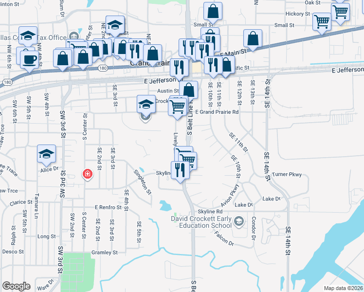 map of restaurants, bars, coffee shops, grocery stores, and more near 563 Rongway Street in Grand Prairie