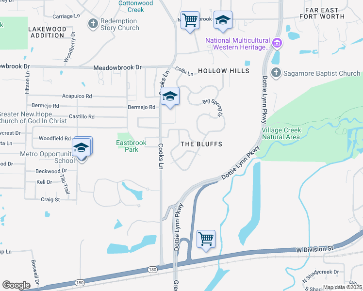 map of restaurants, bars, coffee shops, grocery stores, and more near 2709 Merry View Lane in Fort Worth
