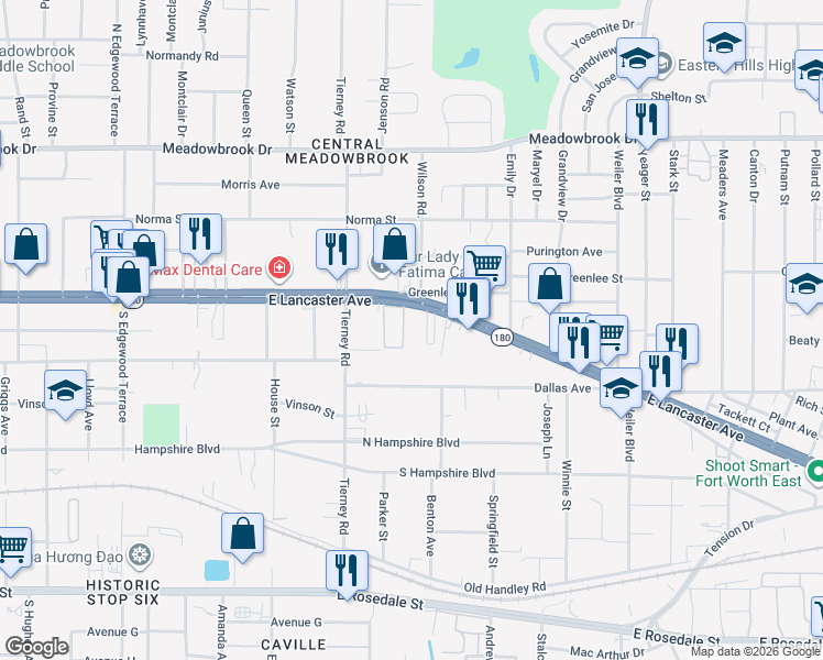 map of restaurants, bars, coffee shops, grocery stores, and more near 5232 East Lancaster Avenue in Fort Worth
