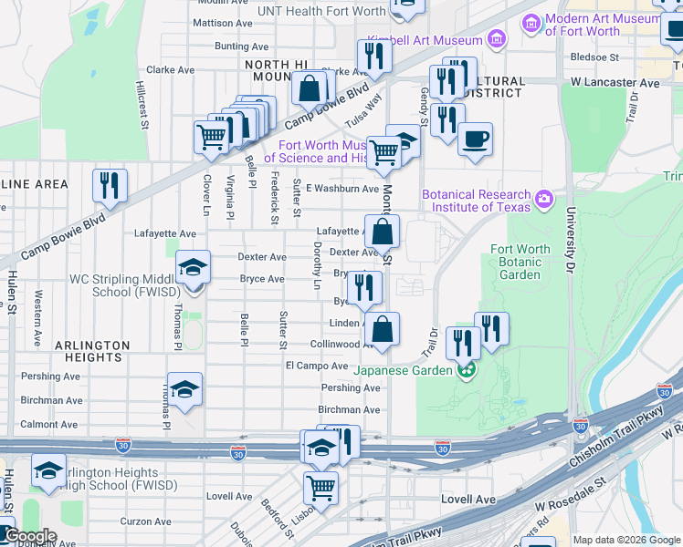 map of restaurants, bars, coffee shops, grocery stores, and more near 3705 Dexter Avenue in Fort Worth