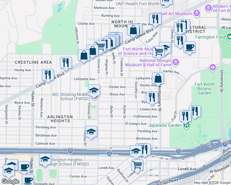 map of restaurants, bars, coffee shops, grocery stores, and more near 3910 Dexter Avenue in Fort Worth