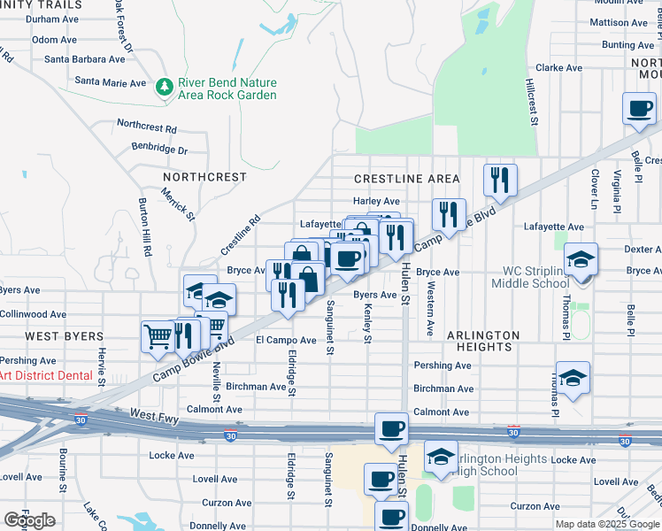 map of restaurants, bars, coffee shops, grocery stores, and more near 4809 Dexter Avenue in Fort Worth