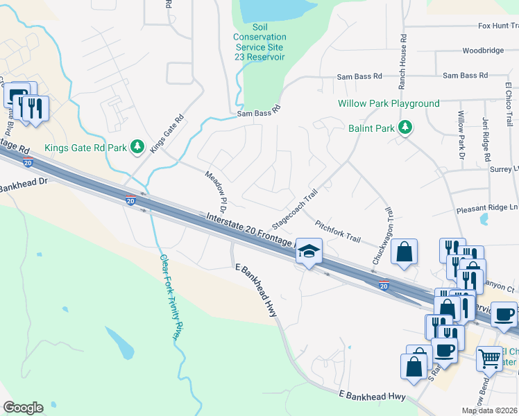 map of restaurants, bars, coffee shops, grocery stores, and more near 117 Pony Express Trail in Willow Park