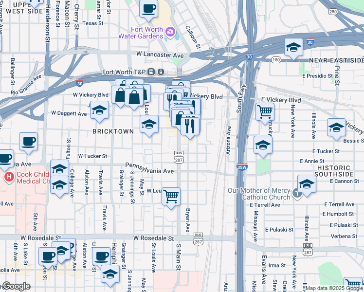 map of restaurants, bars, coffee shops, grocery stores, and more near 440 South Main Street in Fort Worth
