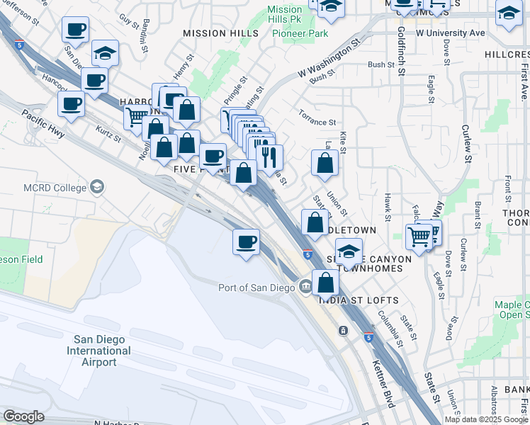 map of restaurants, bars, coffee shops, grocery stores, and more near 3601 California Street in San Diego