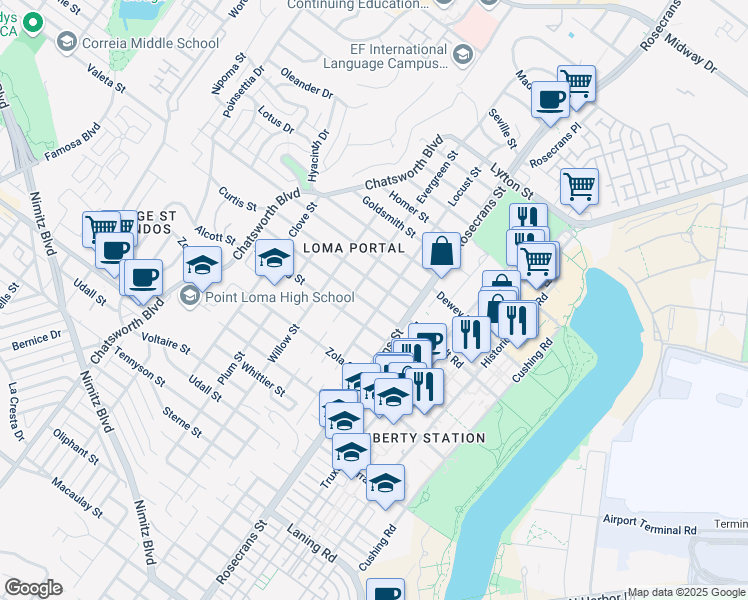 map of restaurants, bars, coffee shops, grocery stores, and more near 2572 Evergreen Street in San Diego