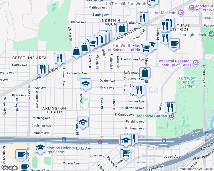 map of restaurants, bars, coffee shops, grocery stores, and more near 3924 Bryce Avenue in Fort Worth
