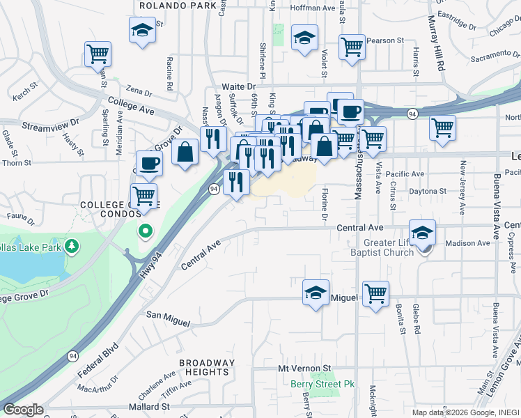 map of restaurants, bars, coffee shops, grocery stores, and more near 3262 College Place in Lemon Grove