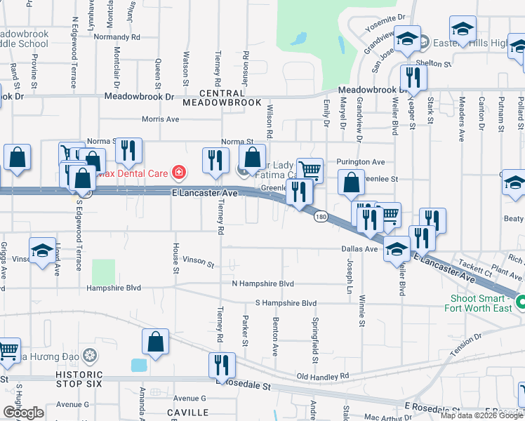 map of restaurants, bars, coffee shops, grocery stores, and more near 5232 East Lancaster Avenue in Fort Worth