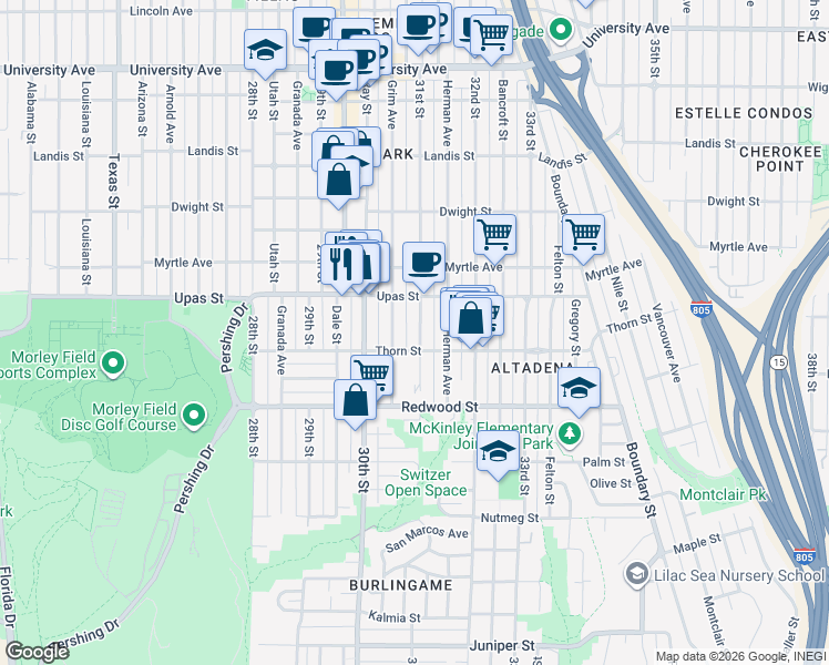 map of restaurants, bars, coffee shops, grocery stores, and more near 3330 31st Street in San Diego