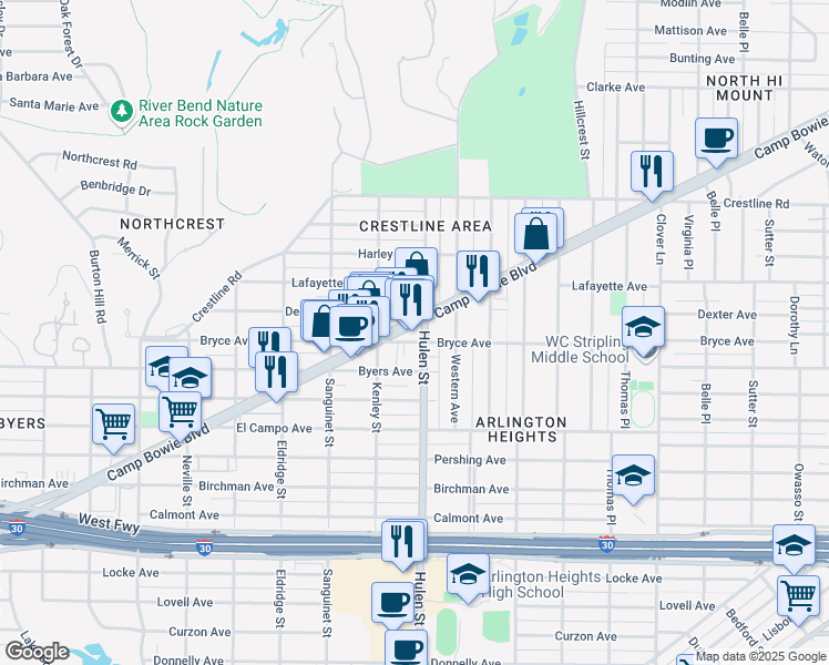 map of restaurants, bars, coffee shops, grocery stores, and more near 4601 Camp Bowie Boulevard in Fort Worth