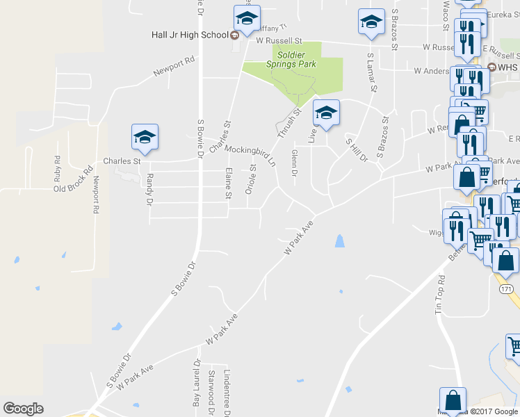 map of restaurants, bars, coffee shops, grocery stores, and more near 210 Robin Avenue in Weatherford