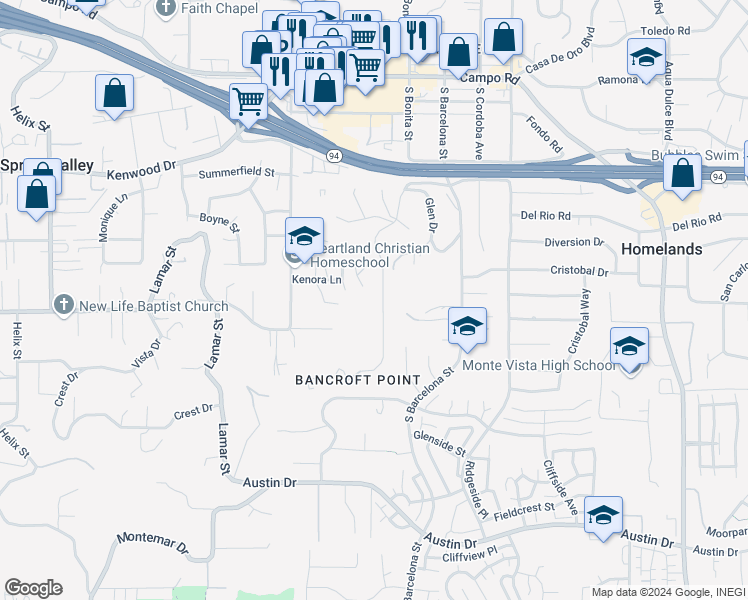 map of restaurants, bars, coffee shops, grocery stores, and more near 3202 South Bonita Street in Spring Valley