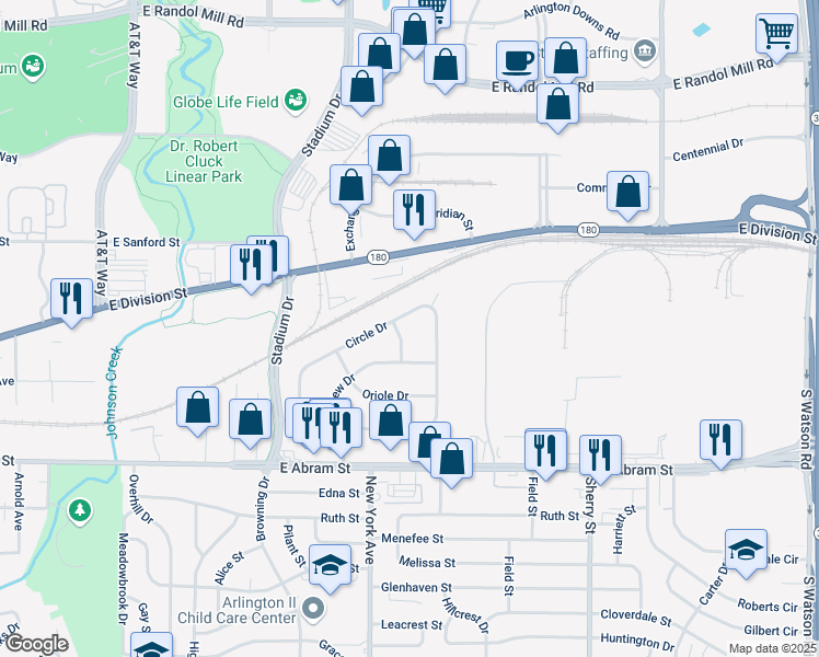 map of restaurants, bars, coffee shops, grocery stores, and more near 513 Circle Drive in Arlington