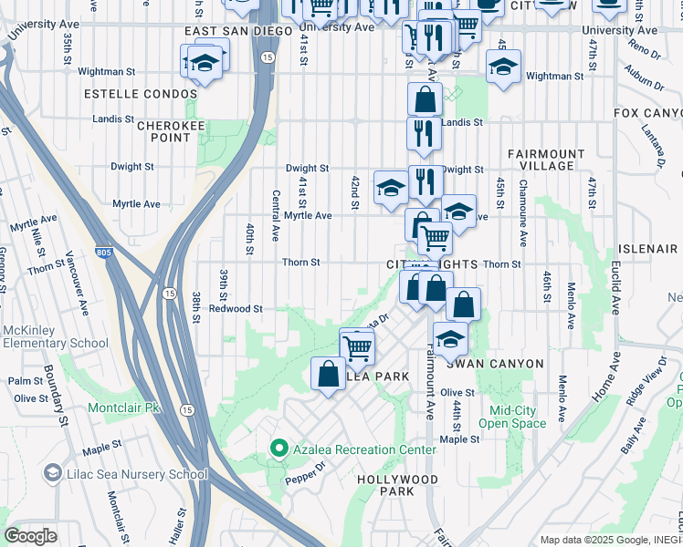 map of restaurants, bars, coffee shops, grocery stores, and more near 3227 42nd Street in San Diego