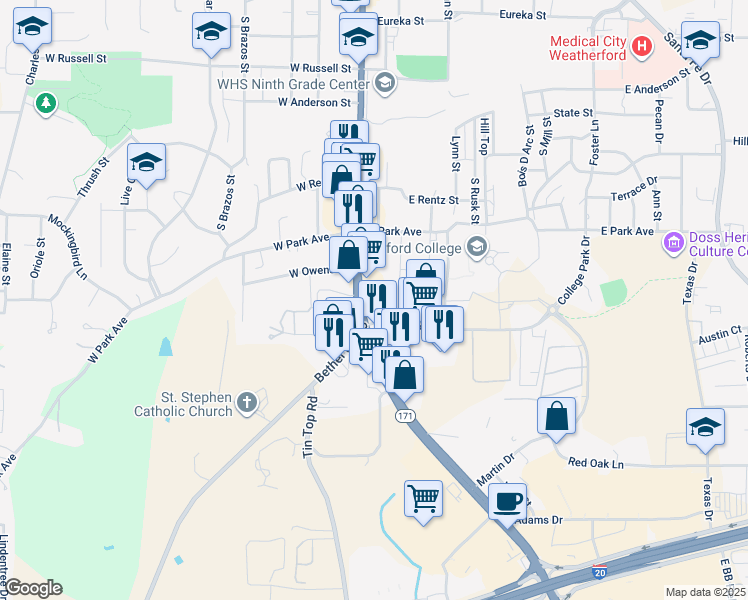 map of restaurants, bars, coffee shops, grocery stores, and more near 1515 South Main Street in Weatherford