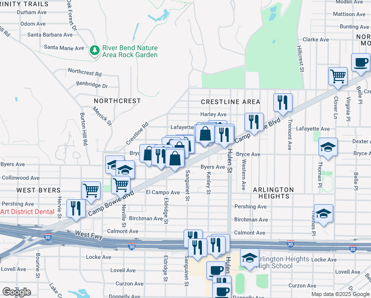 map of restaurants, bars, coffee shops, grocery stores, and more near 2012 Sanguinet Street in Fort Worth