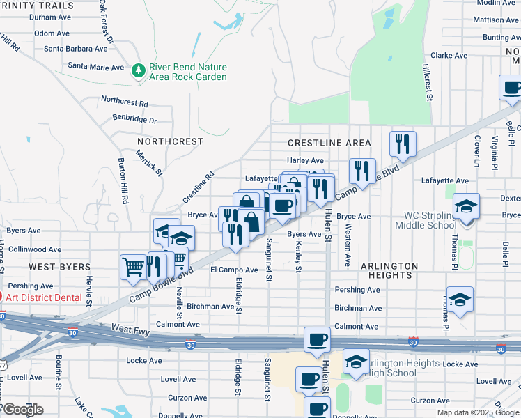 map of restaurants, bars, coffee shops, grocery stores, and more near 4808 Bryce Avenue in Fort Worth