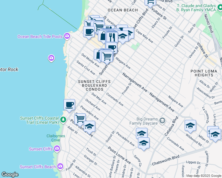 map of restaurants, bars, coffee shops, grocery stores, and more near 4704 Santa Cruz Avenue in San Diego