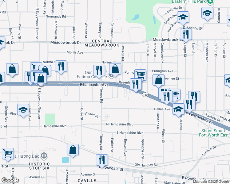 map of restaurants, bars, coffee shops, grocery stores, and more near 5200 East Lancaster Avenue in Fort Worth