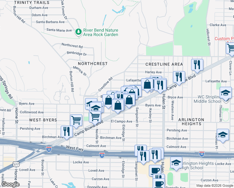 map of restaurants, bars, coffee shops, grocery stores, and more near 4920 Bryce Avenue in Fort Worth
