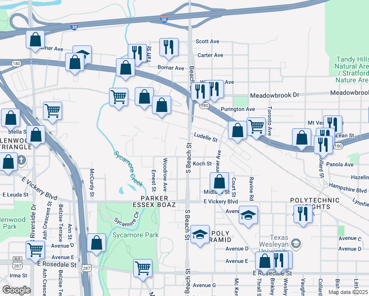 map of restaurants, bars, coffee shops, grocery stores, and more near 400 S Beach St in Fort Worth