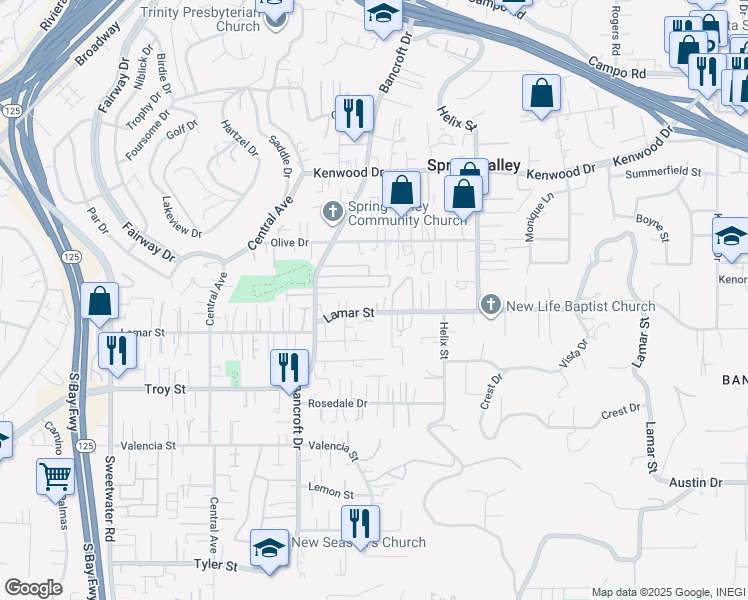 map of restaurants, bars, coffee shops, grocery stores, and more near 9104 Lamar Street in Spring Valley
