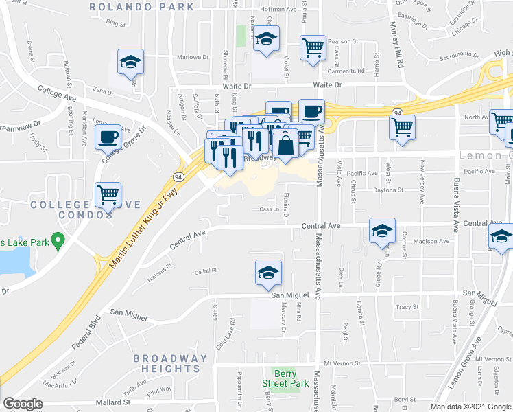map of restaurants, bars, coffee shops, grocery stores, and more near 7012 Casa Lane in Lemon Grove