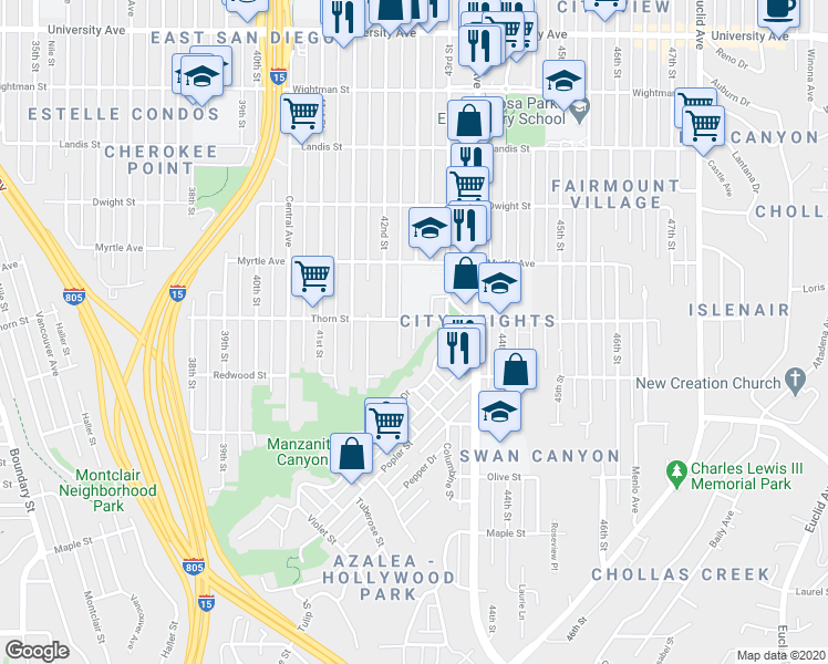 map of restaurants, bars, coffee shops, grocery stores, and more near 4255 Thorn Street in San Diego
