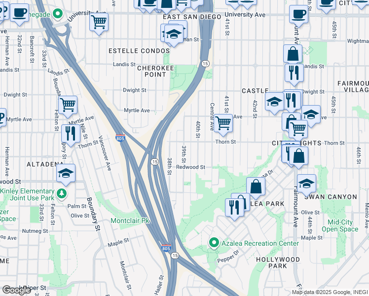 map of restaurants, bars, coffee shops, grocery stores, and more near 3842 Thorn Street in San Diego