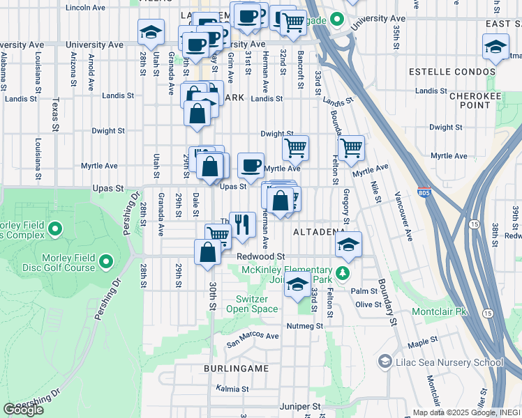 map of restaurants, bars, coffee shops, grocery stores, and more near 3367 Herman Avenue in San Diego
