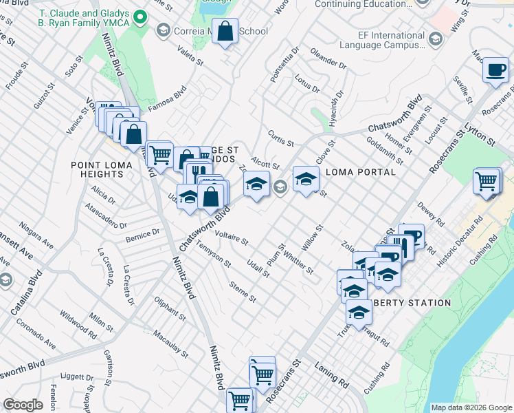 map of restaurants, bars, coffee shops, grocery stores, and more near 2404 Chatsworth Boulevard in San Diego