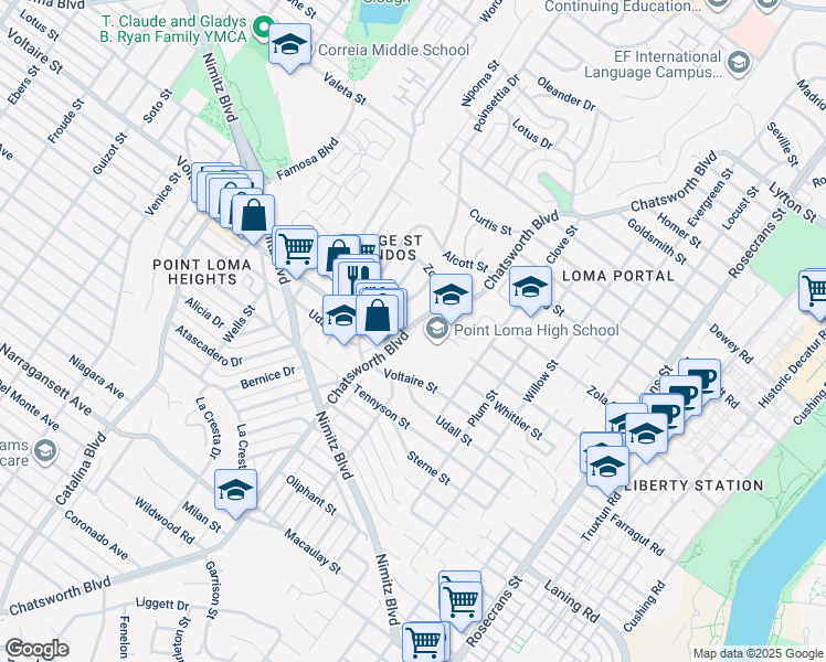 map of restaurants, bars, coffee shops, grocery stores, and more near 2314 Chatsworth Boulevard in San Diego