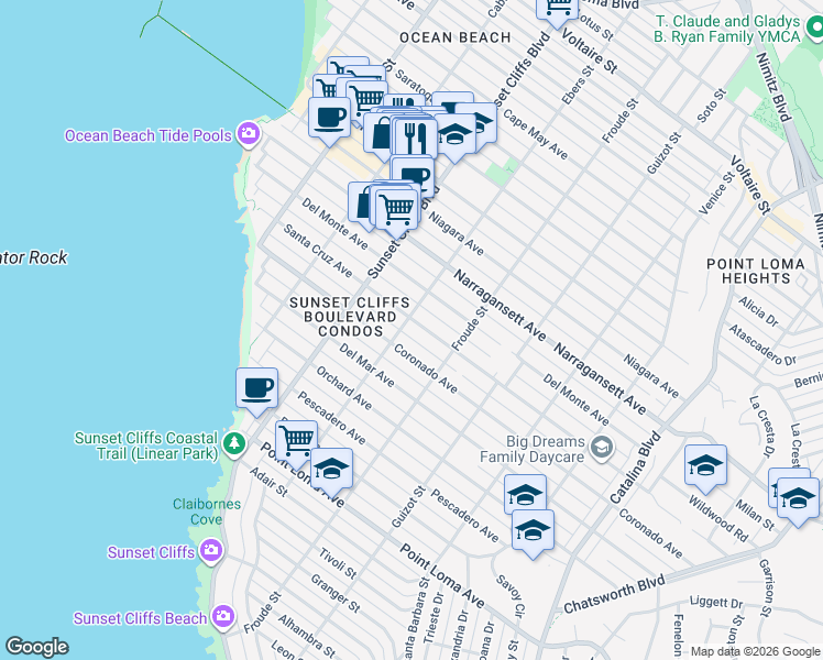 map of restaurants, bars, coffee shops, grocery stores, and more near 4704 Santa Cruz Avenue in San Diego