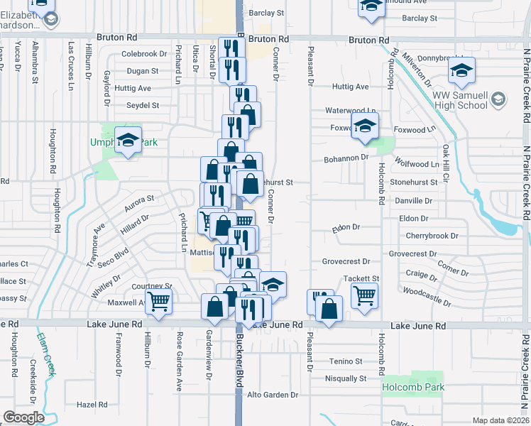 map of restaurants, bars, coffee shops, grocery stores, and more near 1635 Conner Drive in Dallas
