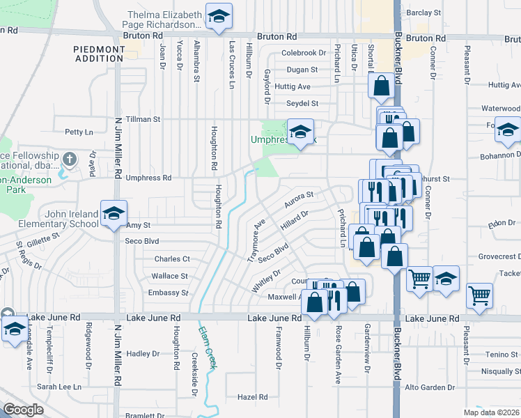 map of restaurants, bars, coffee shops, grocery stores, and more near 1647 Gaylord Drive in Dallas