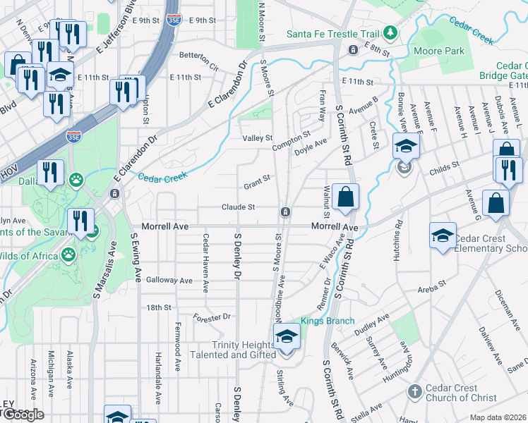 map of restaurants, bars, coffee shops, grocery stores, and more near 1335 Claude Street in Dallas
