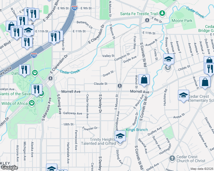 map of restaurants, bars, coffee shops, grocery stores, and more near 1335 Claude Street in Dallas