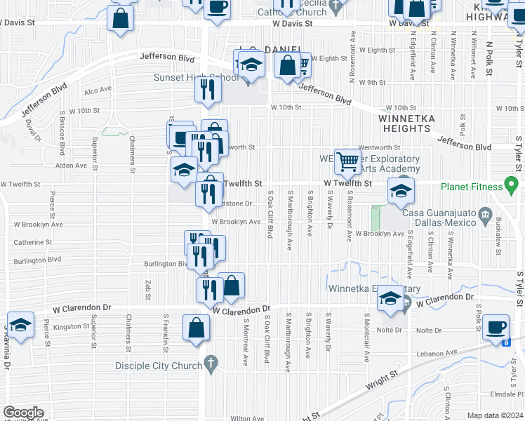 map of restaurants, bars, coffee shops, grocery stores, and more near 519 South Oak Cliff Boulevard in Dallas