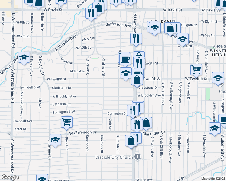 map of restaurants, bars, coffee shops, grocery stores, and more near 2507 Gladstone Drive in Dallas