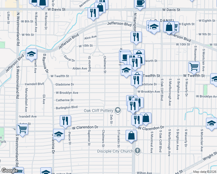 map of restaurants, bars, coffee shops, grocery stores, and more near 2547 Gladstone Drive in Dallas