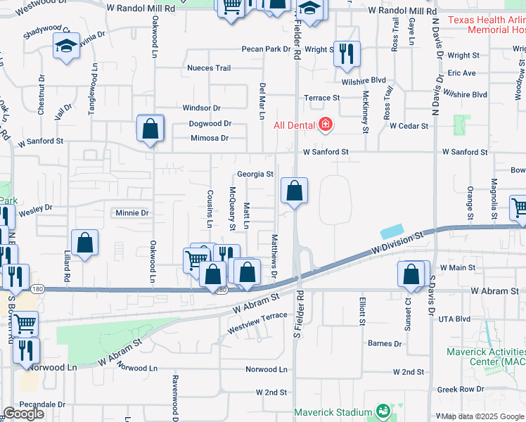 map of restaurants, bars, coffee shops, grocery stores, and more near 1709 Tina Marie Road in Arlington