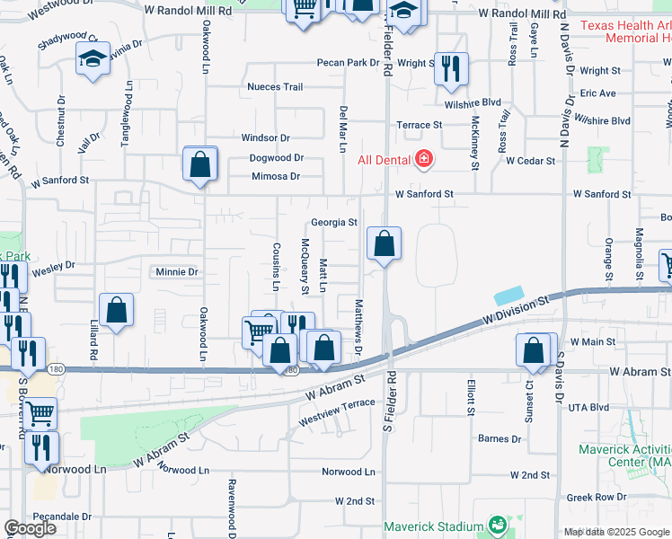 map of restaurants, bars, coffee shops, grocery stores, and more near 1709 Tina Marie Road in Arlington