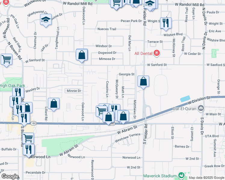 map of restaurants, bars, coffee shops, grocery stores, and more near 501 Cousins Lane in Arlington
