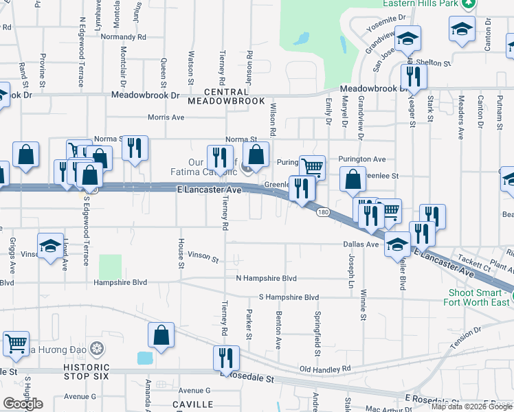 map of restaurants, bars, coffee shops, grocery stores, and more near 5128 East Lancaster Avenue in Fort Worth