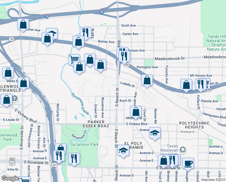 map of restaurants, bars, coffee shops, grocery stores, and more near 400 South Beach Street in Fort Worth