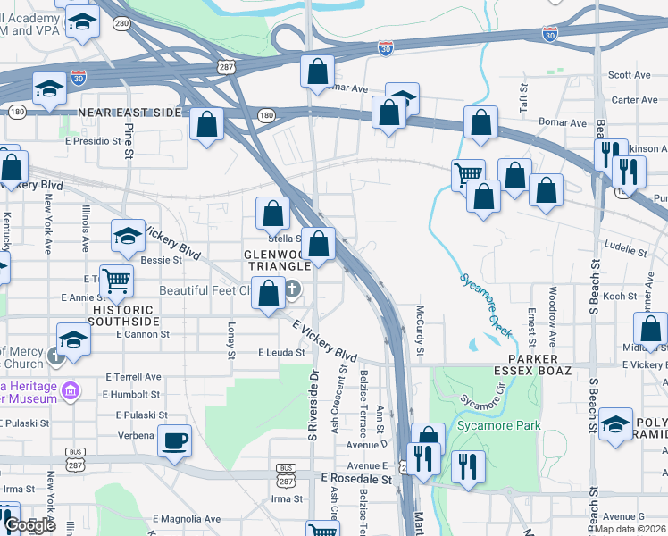 map of restaurants, bars, coffee shops, grocery stores, and more near 330 Martin Luther King Junior Freeway in Fort Worth