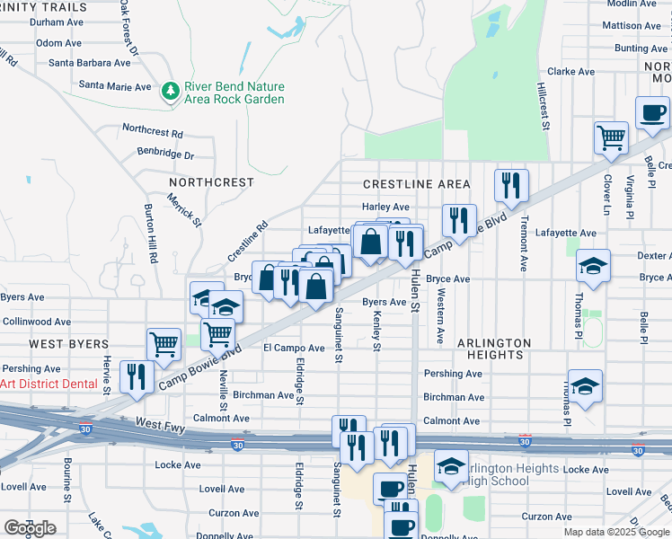 map of restaurants, bars, coffee shops, grocery stores, and more near 4809 Dexter Avenue in Fort Worth