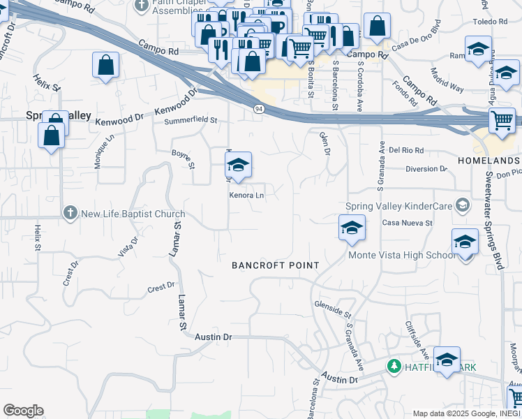 map of restaurants, bars, coffee shops, grocery stores, and more near 3329 Mandy Lane in Spring Valley